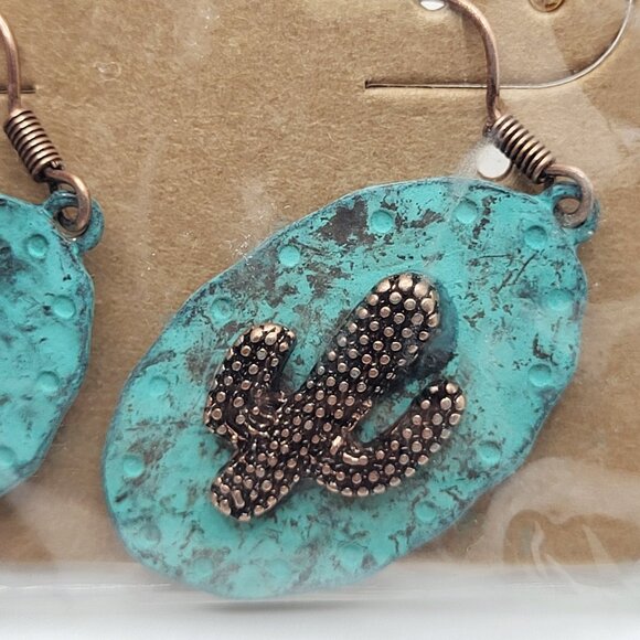 Southwestern Cactus on Blue Patina Brushed Oval Earring New in Package Lucky You - Picture 5 of 9